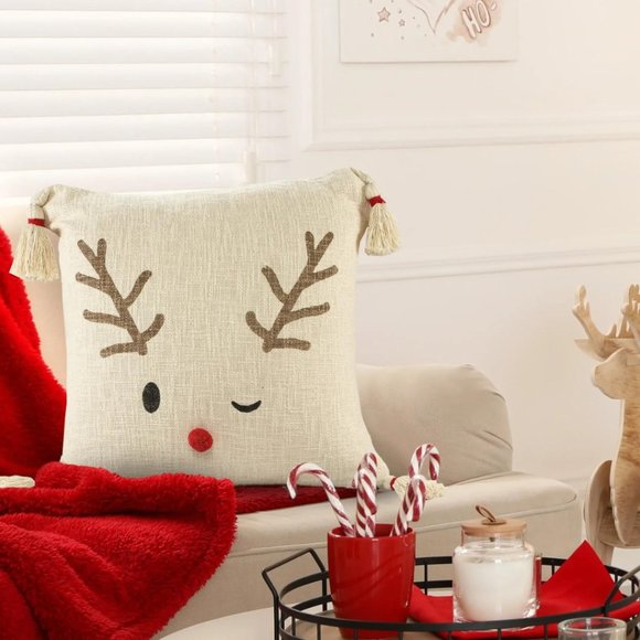 CLEARANCE! NWT / Reindeer Winking Throw Pillow, 20"x20", Cotton - Picture 5 of 6